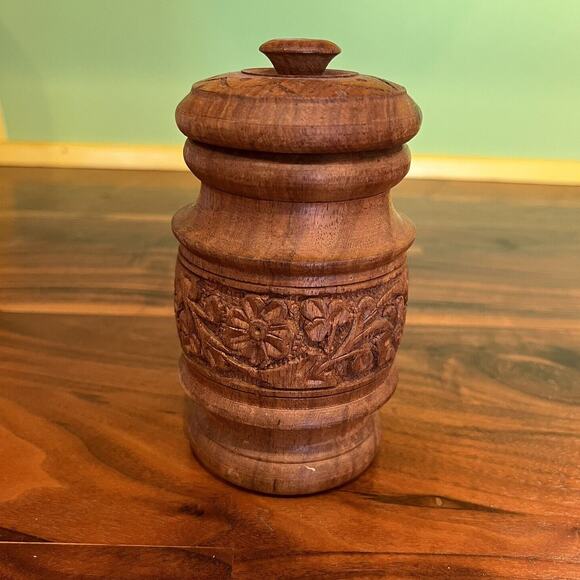 Vintage Hand Carved Wooden Spice Jar Container w Lid Made in India - Picture 1 of 7